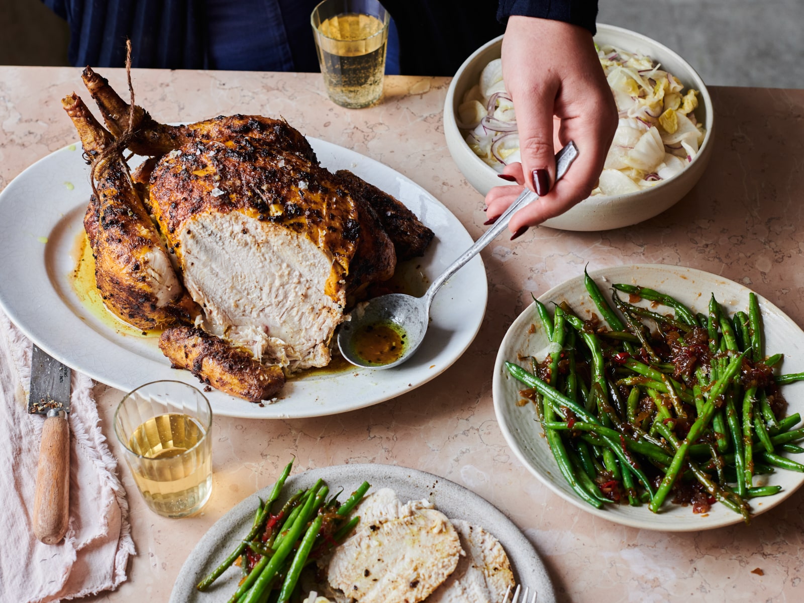 Turmeric chicken with white kimchi & chilli green beans made from Borough Market ingredients