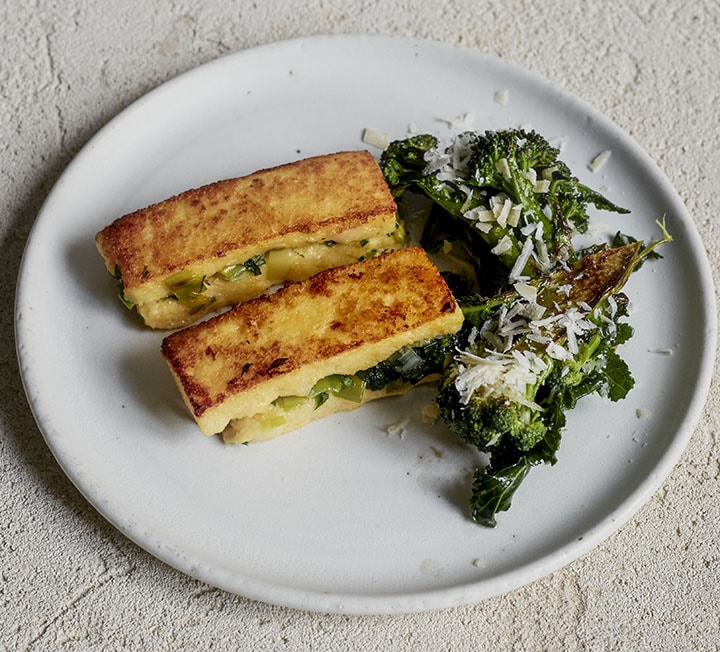 Crispy polenta & creamed leeks with purple sprouting broccoli & Corleggy