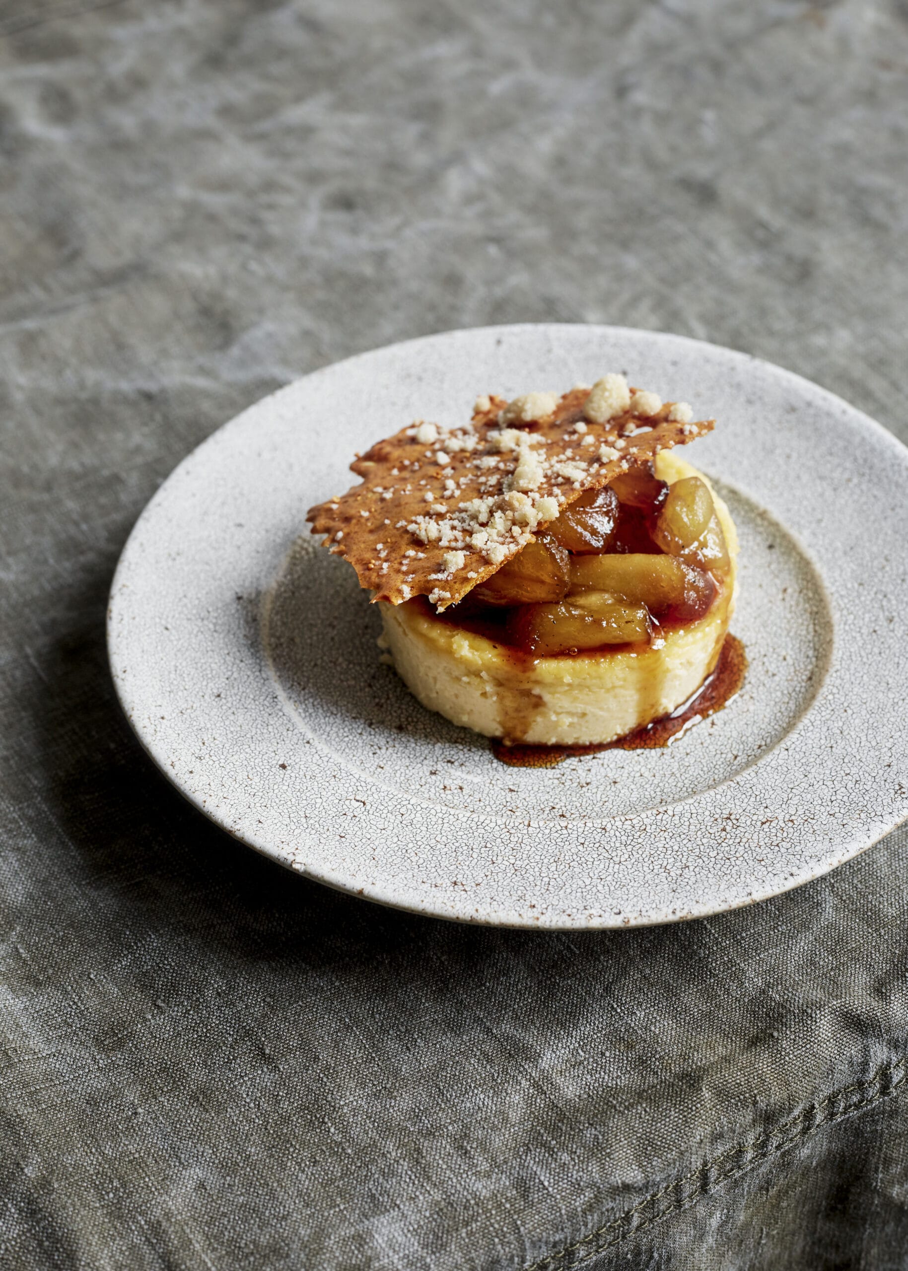 Baked Irish whiskey custard, honeycomb crumble wafers and candied apple