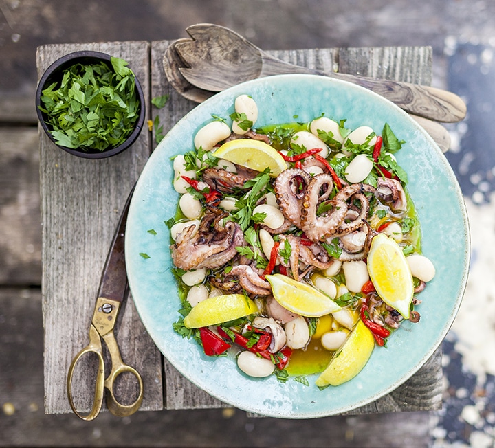Charred octopus, piquillo pepper & butter bean salad