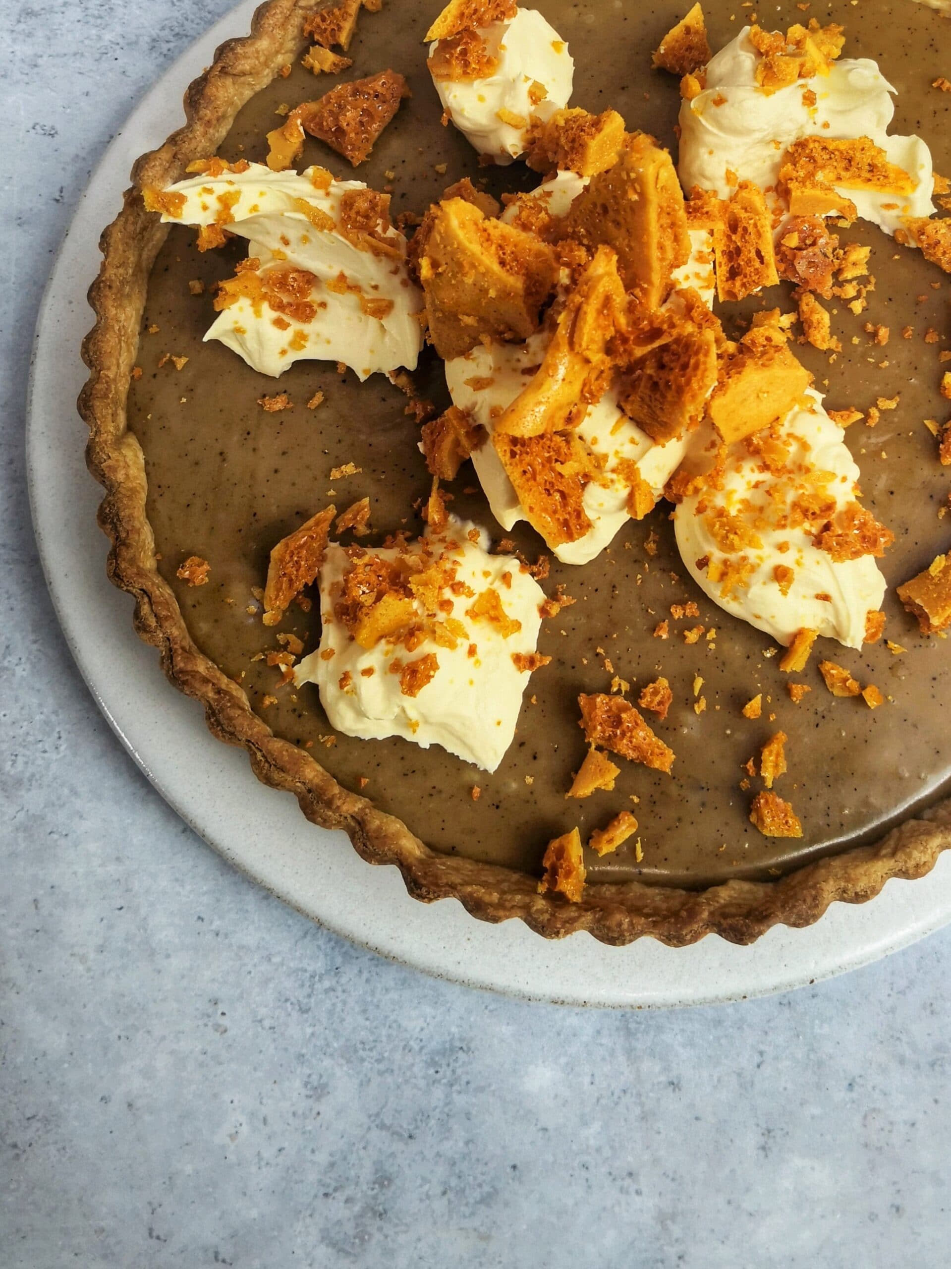 Coffee tart with honeycomb & rum cream