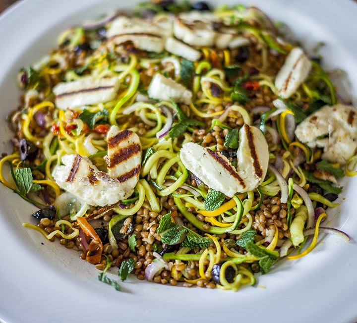 Courgettini, pistachio & wheat berry salad