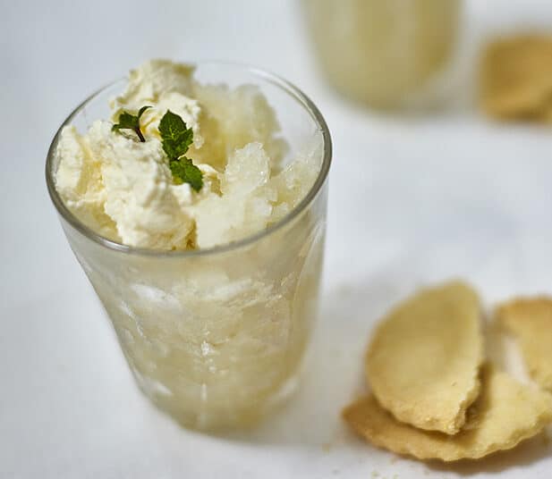 Gooseberry granita with shortbread thins & elderflower cream 2