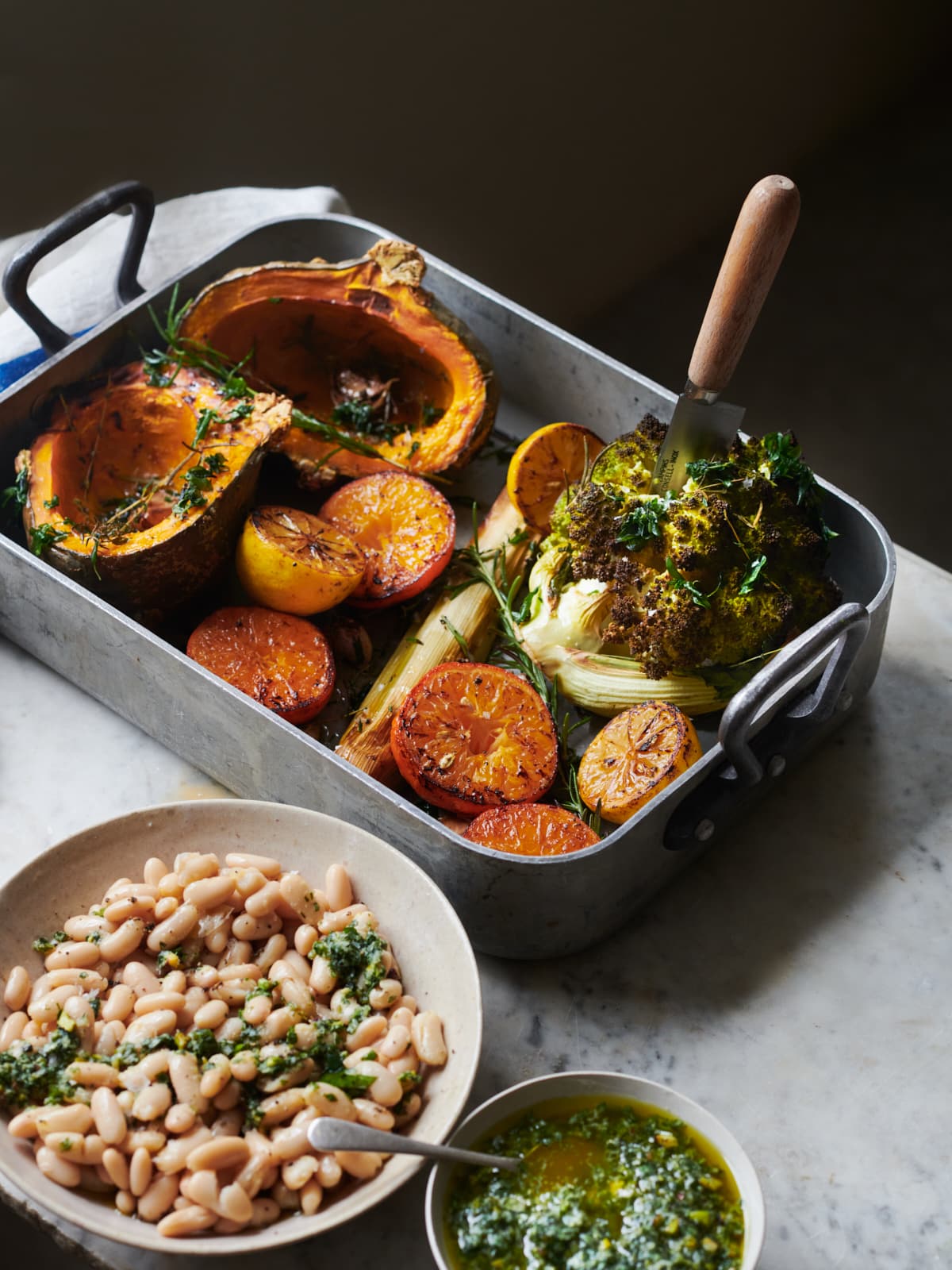 Roast winter vegetables with pistachio pesto & white beans