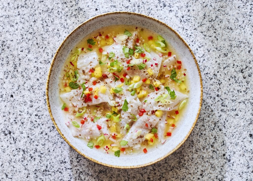 Seabass ceviche with radish & mango